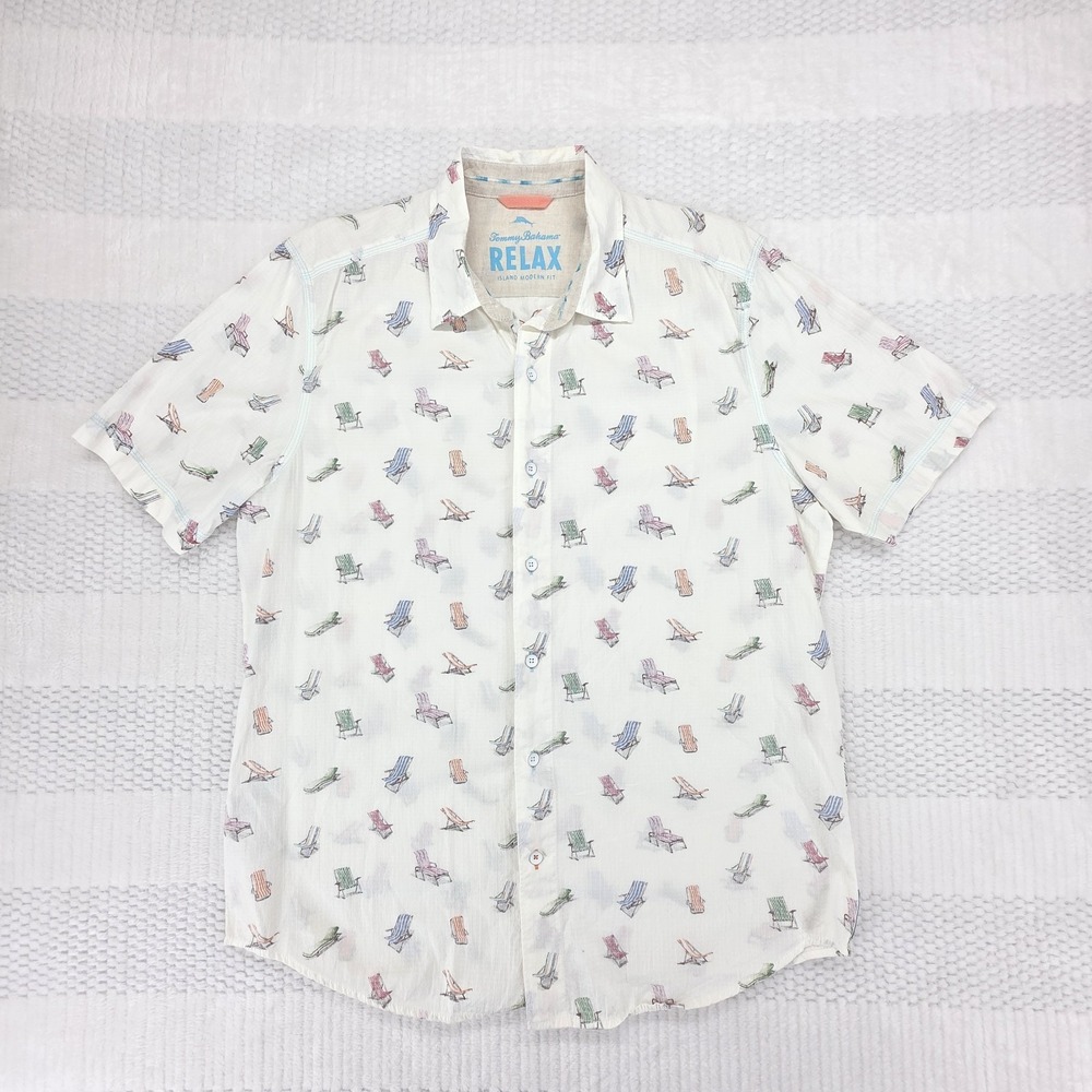 Tommy Bahama Shirt Mens Large White  Button Down Beach Relax Island Modern Linen